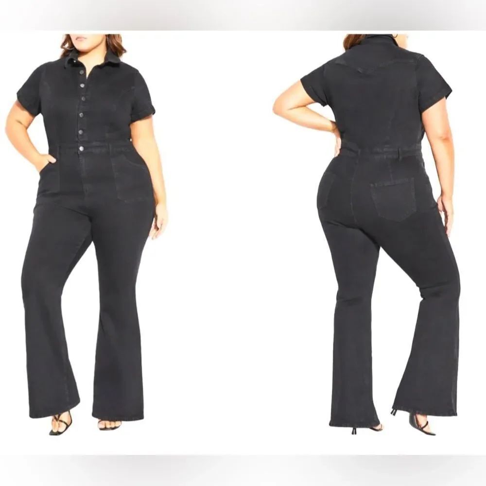 NEW City Chic black wash flare leg denim jumpsuit 20